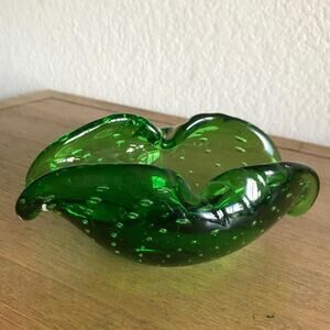 Vintage Bullicante Hand Blown Glass Asymmetric Controlled Bubbles Green